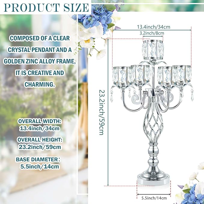 23.2 inch Tall Elegant and Chic 5 Arm Pendant Crystal Candlestick Holder Table Decoration tealight Candle Holder, Candelabra for Gorgeous Wedding/Parties Table Centerpiece (2, Silver)