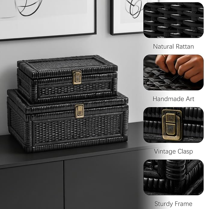2PCS Rattan Boxes with Lid Decorative Natural Handmade Boho Baskets Woven Wicker Cane Bin Keepsake Memory Jewelry Rectangular Desk Shelf Closet Organizer Container (Black, 1 Large 1 Small)