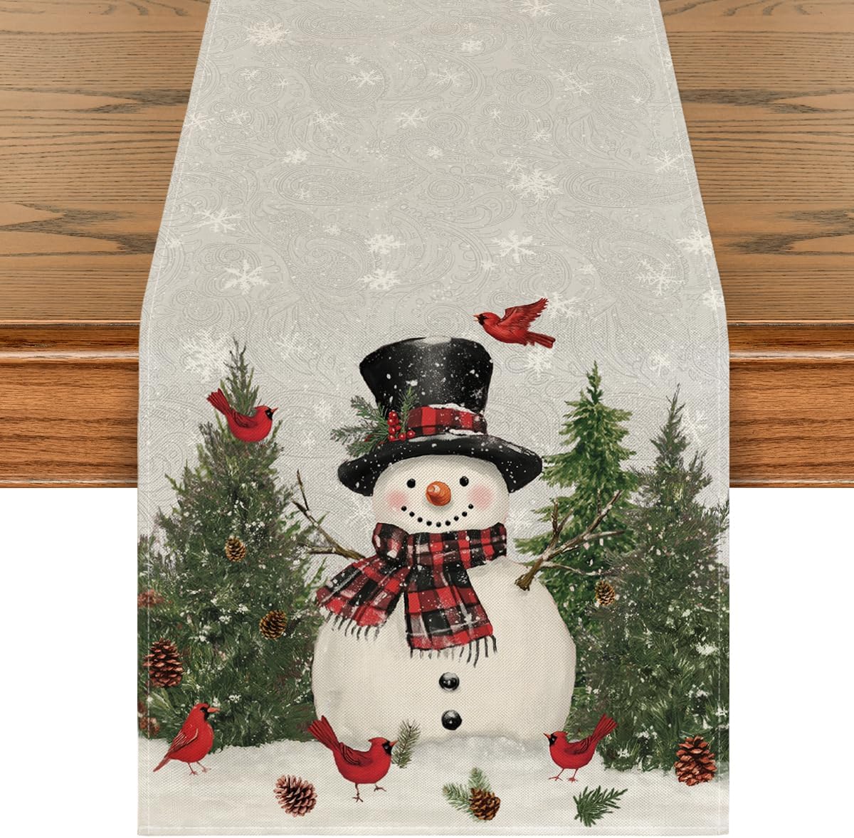 Artoid Mode Snowman Birds Trees Christmas Table Runner, Seasonal Silver Winter Holiday Kitchen Dining Table Decoration for Home Party Decor 13 x 90 Inch