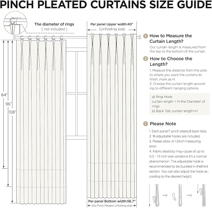 Joydeco Thick Linen Pinch Pleated Curtains 96 Inch Long 2 Panel Set for Living Room, Double-Faced Curtain for Bedroom, Back Tab Blackout Drapes with Adjustable Hooks (40”W x96”L,Thick Linen)