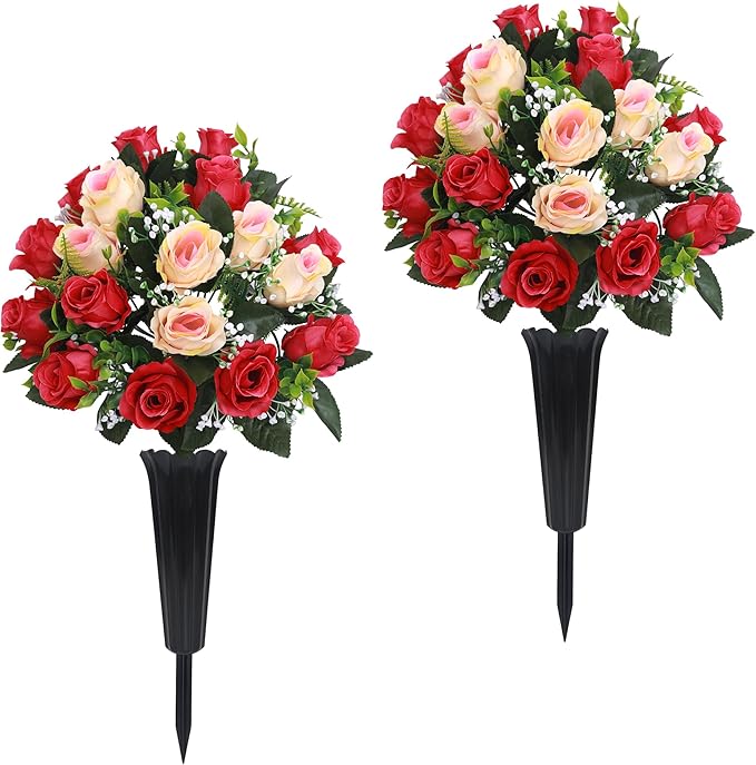 Lodou Set of 2 Artificial Cemetery Flowers, Memorial Flowers Bouquet,Grave Memorial Flowers with Vase for Cemetery Headstones Decoration (Rose red Beige)