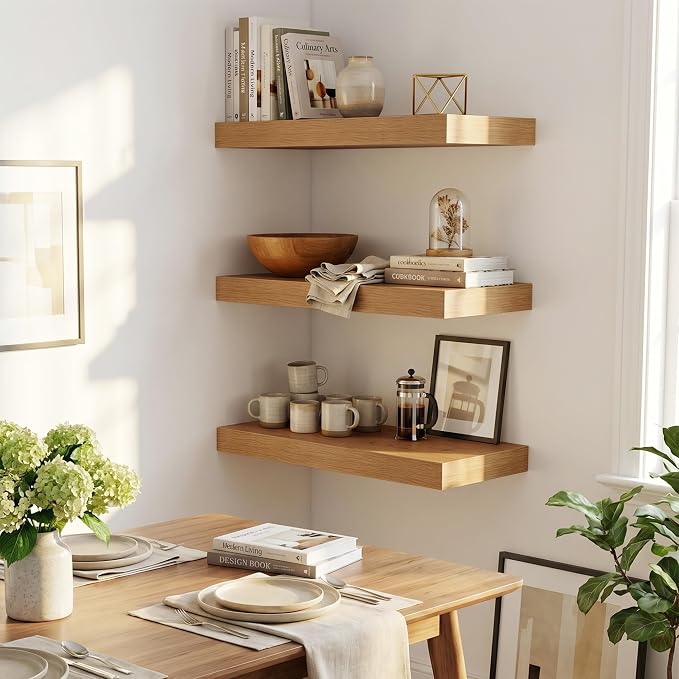 Fun Memories Wood Floating Shelves 20 Inch, 12 Inch Deep Shelves Wall Mount, Wall Shelves with Invisible Bracket, 20" Floating Shelves for Living Room Bathroom Bedroom, Oak, Set of 2