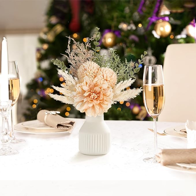 Mkono Small Artificial Flowers in Ceramic Vase 12.5" Centerpieces Coffee Table Decor, Silk Flower Arrangements for Home Decor Indoor Fake Flower Bouquet for Bathroom Dining Room Kitchen Champagne