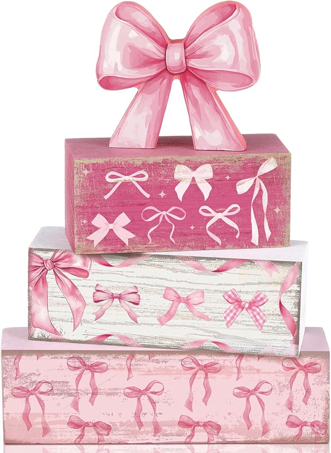 Conelist 4 Pcs Pink Bow Room Decoration Galentines Coquette Gift Pink Bow Block Sign Centerpiece for Table Gift for Teen Girl Birthday Bachelorette Bridal Wedding Baby Shower Valentines Party Supplies