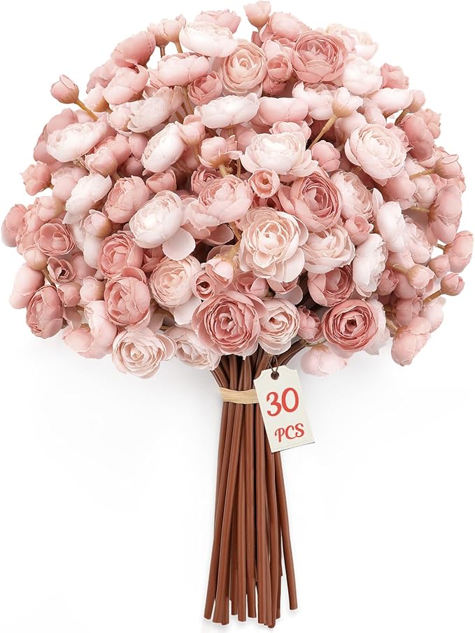 Alupssuc 30Pcs Ranunculus Artificial Flowers Faux Silk Mini Ranunculus, Spring Flowers Artificial Indoor for DIY Bouquets, Bulk Fake Wedding Filler Flowers for Bride Shower Decorations, Dusty Rose