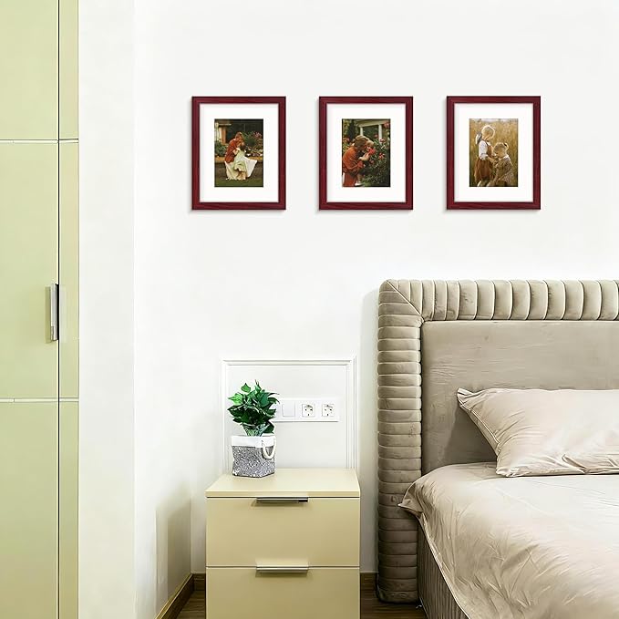 Picrit 8x10 Picture Frame Set of 12, Display 5x7 with Mat or 8x10 without Mat, Photo Frames for Wall Mounting or Table Top Display, Dark Red Wood