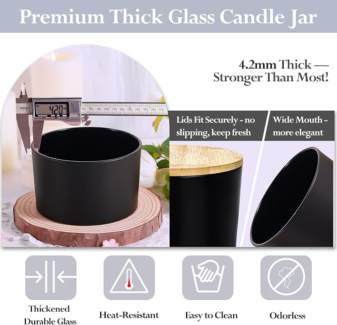 CONNOO 24oz Matte Black Glass Candle Jars 6 Pack, Multi-Wick Wide Mouth Empty Bulk Candle Containers for Making Candles with Airtight Bamboo Lids, Sticky Warning Labels, Wick kit- Dishwasher Safe