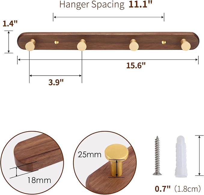 Wall Mounted Coat Rack, Entryway Hanging Rack, Metal Wood Coat Rail with 4 Rustic Hooks for Scarf, Bag, Towel, Key, Cup, Hat - Walnut Gold Matt