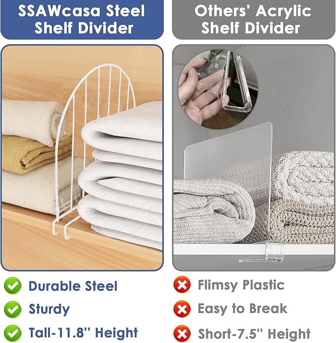 Closet Organizers and Storage, 8 Pack 12'' Extra Tall Shelf Dividers, Metal Closet Dividers Shelf Organizer for Wood Shelves, Linen Closet Organization Separators for Purse Handbag Sweater Clothes