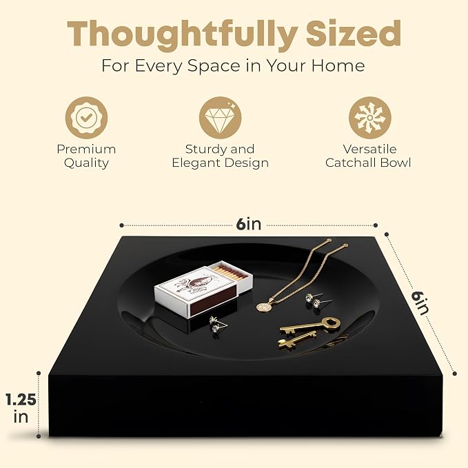 Black Acrylic Catchall Tray - Decorative Jewelry Dish & Vanity Organizer for Keys, Rings, Earrings | Modern Minimalist Home Decor for Dresser, Nightstand, Entryway