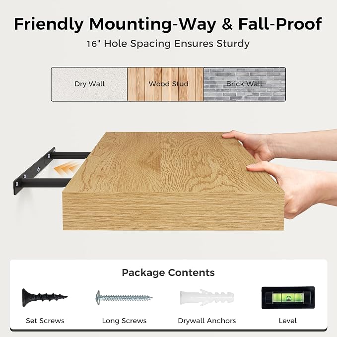 Fun Memories 12 Inch Floating Shelf, Rustic Wood Wall Shelves for Wall Decor & Storage, 12 x 12 Floating Shelf for Living Room, Bathroom, Bedroom, Oak, Set of 2