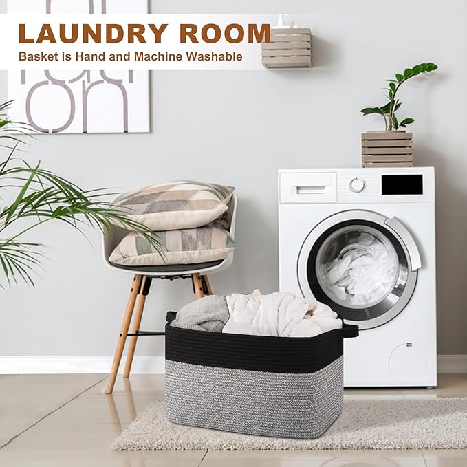 OIASKET Blanket Basket for Living Room, Woven Cotton Rope Basket for Storage Clothes, Towels, Pillows, Toy Storage Bin for kids with Handles, 20" x 16" x 12", Black and Grey
