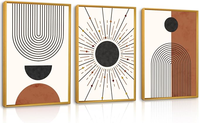 Minimalist Boho Framed Canvas Wall Art Set, Neutral Geometric Line Sun Wall Decor, Mid Century Wall Painting, Abstract Modern Bohemian Art Print for Living Room, Bedroom, Office -24"x36"x3