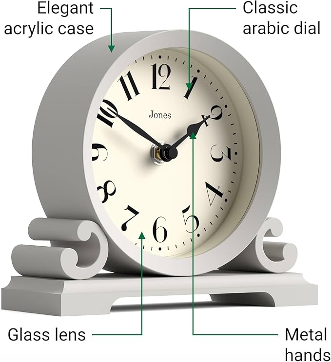 JONES CLOCKS® Saloon Mantel Clock | Small Traditional Double Scroll Design | Gray | Contemporary Classic Style for Desk, Table, Shelf or Bedside