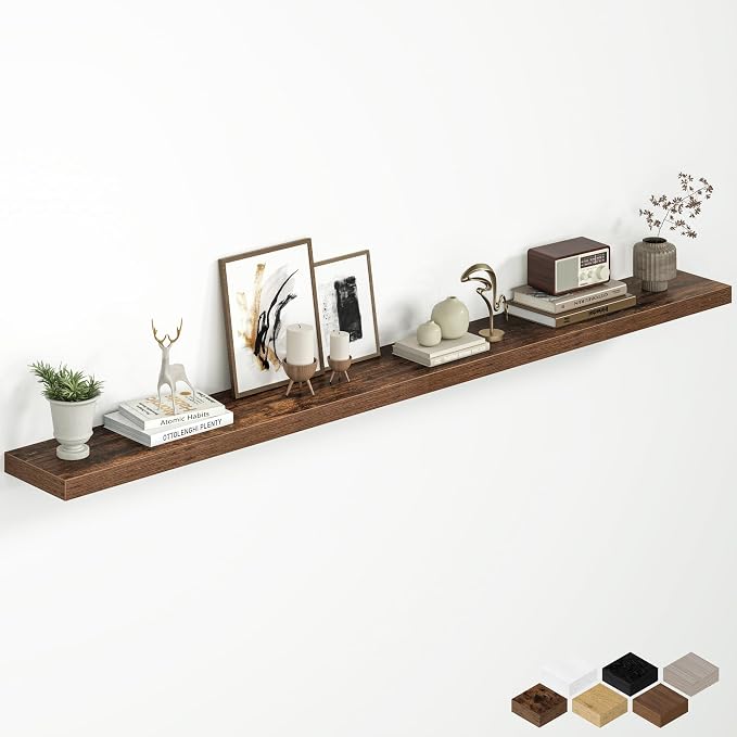 Fun Memories 72 Inch Floating Shelves for Wall, 8 Inch Deep Wall Mounted Wood Shelves with Invisible Brackets for Bathroom, Bedroom & Kitchen Storage Decor, Rustic Brown, 1 Pack