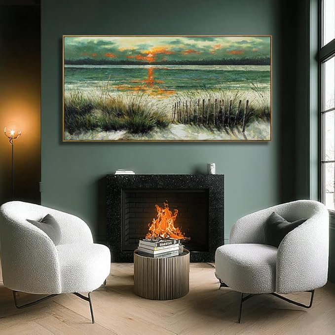 Large Abstract Green Framed Canvas Wall Art,Neutral Sunrise Beach Sea Ocean Pictures,Modern Minimalist Artwork for Living Room,Bedroom,Dining Room,Office-29 x58