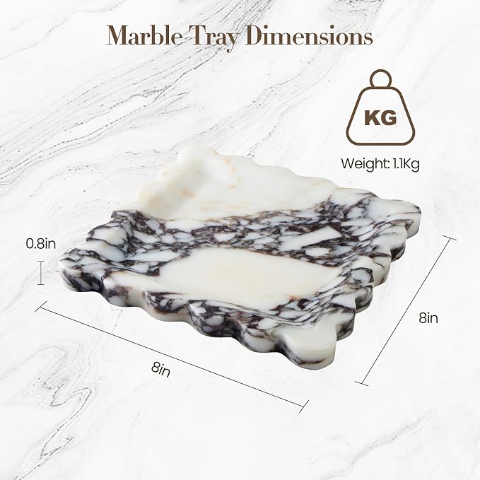SAMAH Calacatta Viola Natural Marble Tray, Scalloped Bathroom Tray, Luxury Decorative Trays for Bathroom, Vanity, Dresser, Kitchen & Home Decor, Housewarming Gifts New Home (Square)