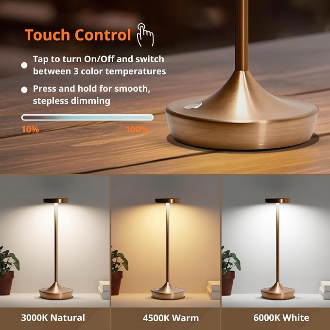 Cordless Table Lamps, Rechargeable 6000mAh LED Desk Lamps, Up to 60 Hours, Touch Control with 3-Level Dimming, Portable Waterproof Lights for Restaurant, Dining Table, Patio & Home (Bronze)