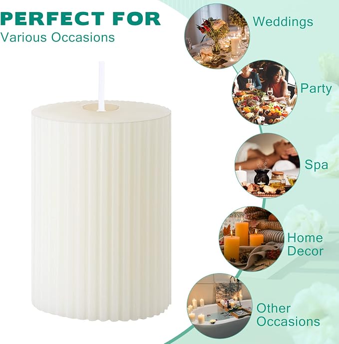 Set of 12 Ribbed Pillar Candles Soy Wax Home Decor Modern White Candles with Cotton Wick for Wedding Home Restaurants Spa Church Decoration