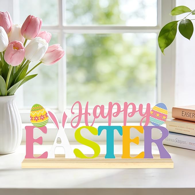 Happy Easter Metal Table Sign, Easter Table Decoration Centerpiece, Metal Letter Sign with Wooden Base,Colorful Spring Tabletop Decor for Home, Office, Shelf, Mantel, Indoor