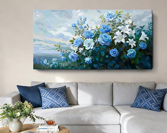 Nicetop Extra Large Floral Canvas Art for Living Room – Elegant Botanical Wall Picture with White Lilies, Blue Roses & Green Leaves – Horizontal Nature Artwork for Bedroom, Office, Kitchen, 58x29 Inch