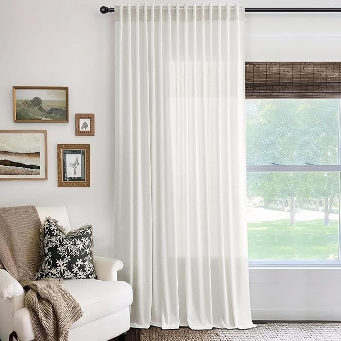 Jowels 100 Inch Extra Wide Natural Linen Curtains 96 Inch Long 1 Panel | Ivory Light Filtering Sheer Curtain,Back Tab Pocket Pleated Look,Modern Farmhouse Textured Privacy Drapes for Living Room