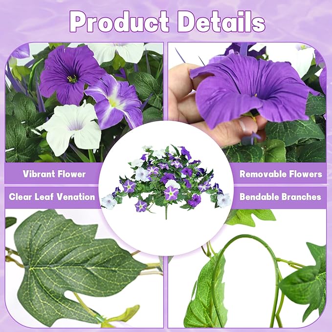 2 Pack Artificial Flowers Hanging Baskets for Outdoors, 10 PCS UV Resistant Faux Outdoor Plants, Fake Petunias Silk Flowers for Garden Balcony Yard Porch Decor (White Green Purple)