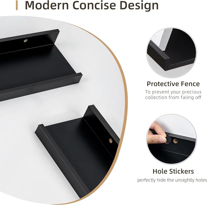 Acovy Picture Ledge Shelf, Wood Long Floating, Set of 2, 48 inch, Black | Wall Mounted, For Living Room Kids' Room Bedroom, Photo Ledge Nursery Book Shelves