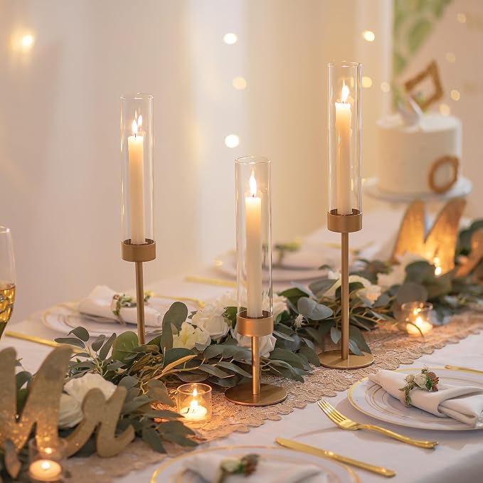 Glass Hurricane Candlestick Holders Gold - Romadedi 18 PCS Taper Candle Holder Bulk Tall Clear Glass Cylinder Table Centerpiece Wedding Decor Party Birthday Christmas Home Decorations