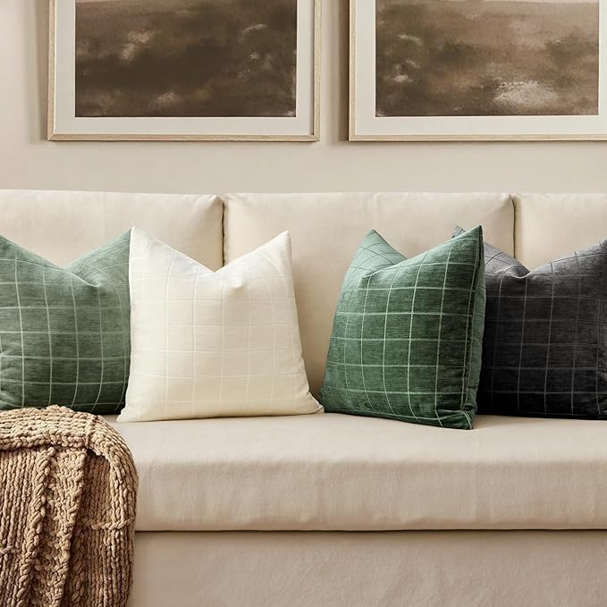 MIULEE Decorative Chenille Check Throw Pillow Covers Vintage Plaid Couch Pillows 20x20 Inch Set of 2 Neutral Boho Farmhouse Cushion Covers Modern Spring Home Decor for Sofa Bed Living Room Sage