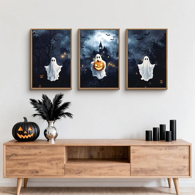 Large Spooky Halloween Framed Canvas Wall Art,Funny Ghost and Pumpkin Wall Decor,Eerie Night Castle Scene Artwork,Dark Bat and Full Moon Art Print for Living Room,Bedroom,Office- 24"x36"x3