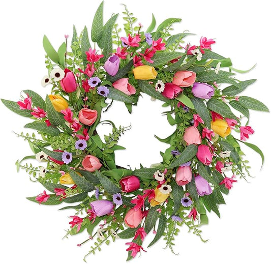 Spring Summer Wreaths for Front Door,22 Inch Artificial Tulip Wreath with Wildflowers,Eucalyptus Leaves for Indoor Outdoor Wall Porch Festival Farmhouse Home Holiday Decor.