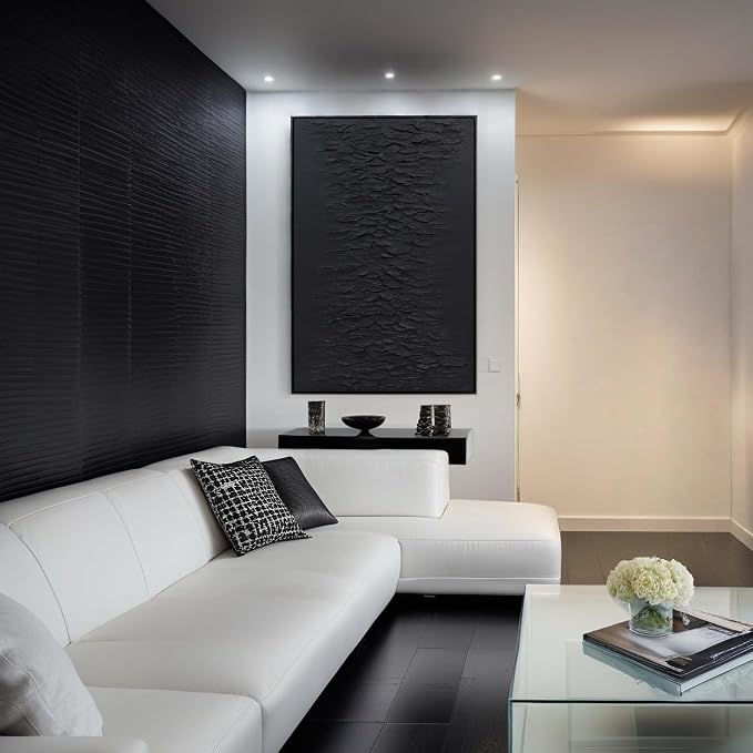 Zessonic Hand-Painted Thick Textured 3D Abstract Wall Art Large Black Texture Minimalist Wall Art - 3D Contemporary Dimensional Home Office Living Room Modern Wall Decor Framed - 24"x36"
