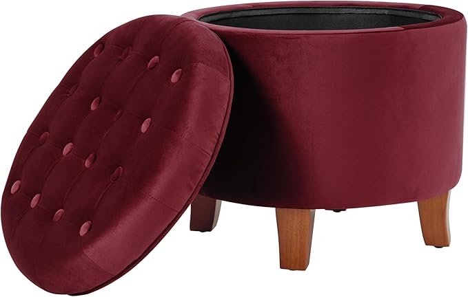HomePop 19" Velvet Button Tufted Round Storage Ottoman - Burgundy