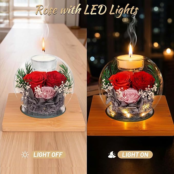 ENERLEAF Preserved Red Real Rose in Glass with Scented Candles–Forever Flower Romantic Anniversary Mothers Day Christmas Birthday Valentines Day Gifts for Her, Women, Wife, Girlfriend, Mom, Grandma