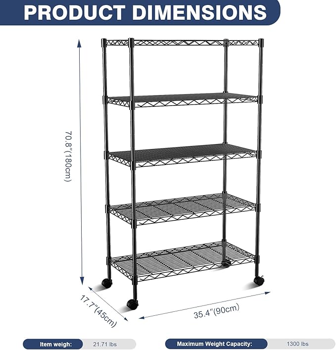 5-Tier Heavy Duty Wire Shelving Unit,35.4" Wx18 Dx71 H,Wire Shelf Racks with Wheels,Height Adjustable Storage Metal Shelves for Kitchen,Garage,Office,Living Room,Pantry,Black