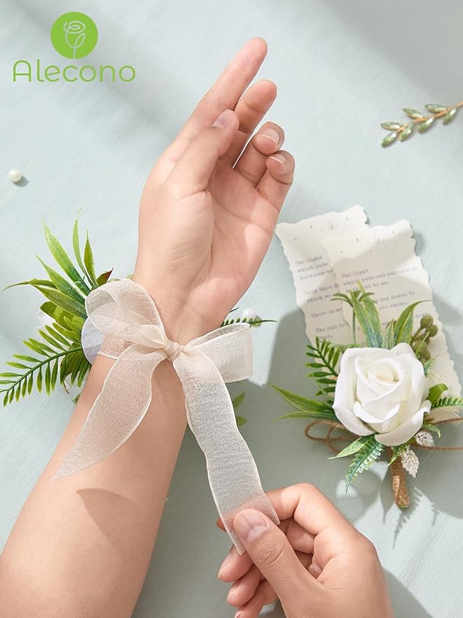 Alecono White Corsage and Boutonniere Set, Rose Bride Wrist Corsage and Groom Boutonniere for Wedding Prom Flower Accessories Suit Decorations