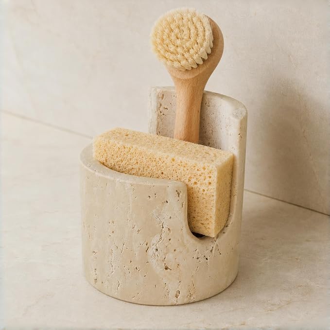 Natural Travertine Sponge Holder for Kitchen Sink – Solid Stone Cylinder Sponge Caddy with Dual-Height Cut-Out, Compact Countertop Sink Organizer & Modern Home Décor
