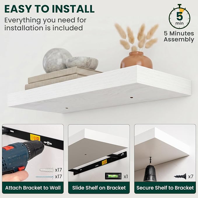 Floating Shelves for Wall 48 in x 9.3 in Deep, Wall Mounted Rustic Wood Shelf with Invisible Brackets for Storage & Display, Living Room Bedroom Bathroom, White, 2 Pack