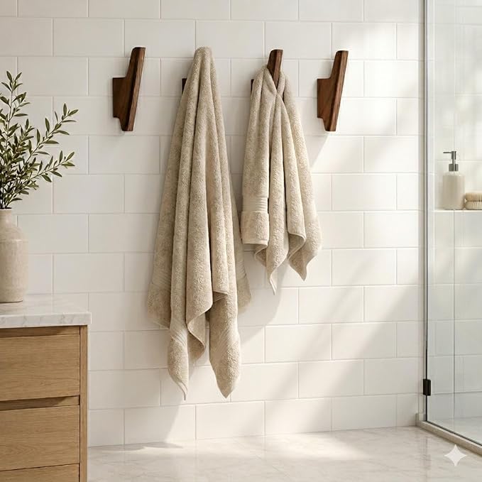 Wood Wall Hooks 4 Pack - Walnut-Toned Wall Mounted Coat & Towel Hooks | Entryway hallway bedroom bathroom, hat key towel hanger, single-screw install, wood-grain finish, space-saving organizer
