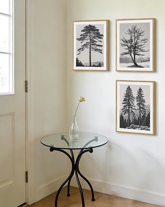 PHOPAGO Vintage Antique Tree Framed Wall Art Black and White Retro Forest Wall Decor Nature Wilderness Sketch Paints Modern Decor - 11x14in Natural Framed