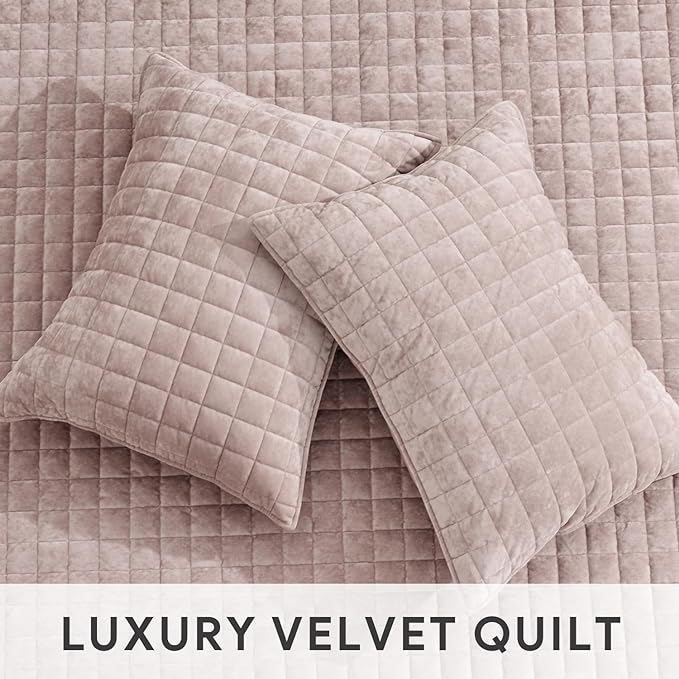 RECYCO Luxury Velvet Quilt Set King Size Bedding Sets, Ultra Soft Velvet Comforter Set, Lightweight Channel Box Stitch Oversized Bedspread Coverlet for All Season, with 2 Shams, Rose Pink