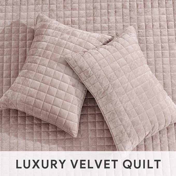 RECYCO Luxury Velvet Quilt Twin/Twin XL Size Bedding Set, Ultra Soft Velvet Comforter Set, Lightweight Quilted Channel Box Stitch Oversized Bedspread Coverlet for All Season, with 1 Sham, Rose Pink