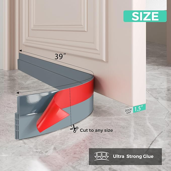 Hojoy 2 Pack Under Door Draft Stopper, Adjustable Door Sweep Anti-Collision Strong Adhesive Weather Stripping Tape Soundproof Draught Stoppers 2" W x 39" L, Gray