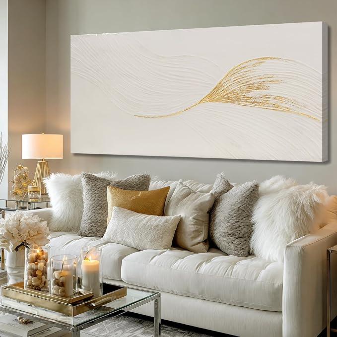 Dolidoteart Wall Art Hand Painted Oil Painting, Neutral White and Gold Textured Abstract Wall Art, Large 24x48 Inch Modern Living Room Wall Decor for Bedroom Dining Room Office Entryway