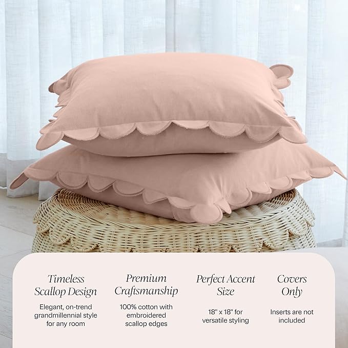 BEBE BASK Scalloped Pillow Cover - Set of 2-18 x 18 Inch - Scallop Pillow Cover - Pink Scalloped Pillows - Scallop Pillows - 100% Cotton - Grandmillennial Style (Peach Pink/Peach)