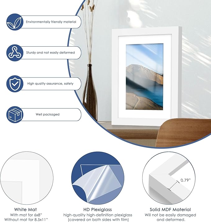 PEALSN 5x7 Picture Frame Set of 6, Display Pictures 4x6 with Mat or 5x7 without Mat for Wall Mounting or Table Top Display, Photo Frames Collage for Wall Decor, White