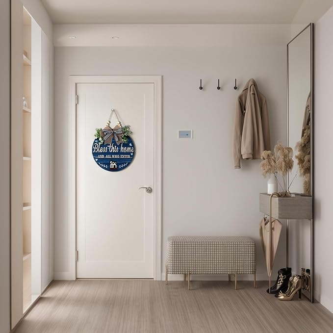 3D Bless This Home and All Who Enter Wooden Front Door Signs，Door Decorations Hanging,Christian Jesus Home Porch Wall Decor，Spring Wreaths，Door Wreaths for Front Door Outside All Season（Blue）