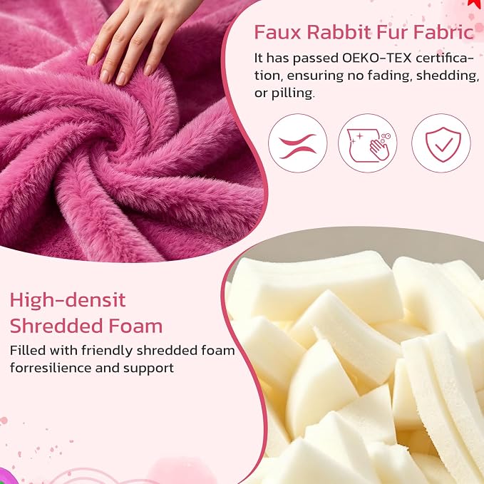 2.5FT Memory Foam Bean Bag Chair - Ultra Soft Faux Rabbit Fur Sofa with Handle & Machine Washable Cover, Comfy Lazy Chair for Kids Teens, Perfect for Reading Gaming in Living Room Bedroom，Magenta