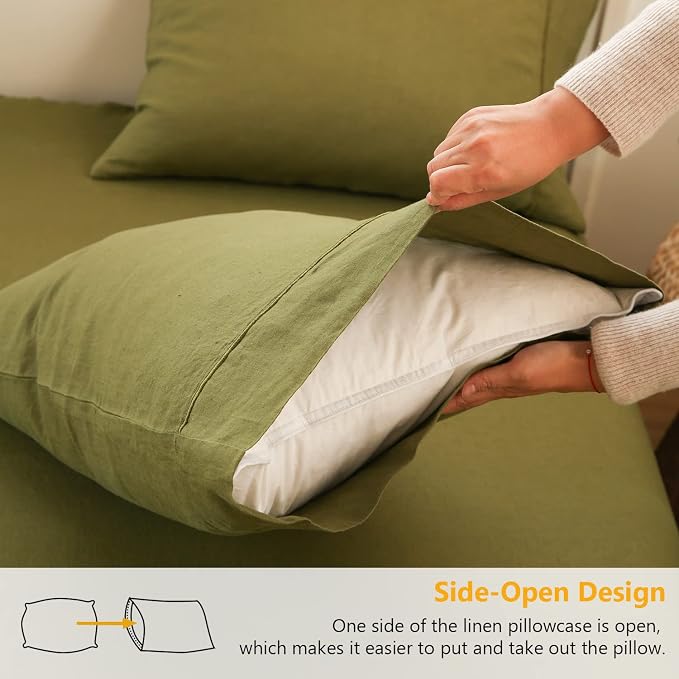 Simple&Opulence 100% French Linen Pillowcase Queen Size-Set of 2- Washed Solid Color Pillow Cases Embroidered -Soft and Durable (Olive Green, 20''x30'')